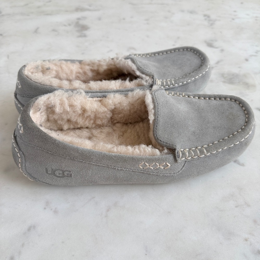 UGG Ansley Light Grey Suede Water Resistant Moccasin Slippers Womens